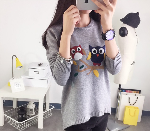 พรีออเดอร์ - เสื้อไหมพรมลายนกฮูกแขนยาว Pre - ST653 (สีเทา)