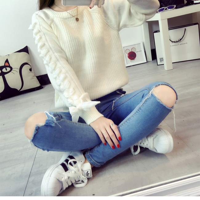 พร้อมส่ง - เสื้อไหมพรมแขนยาว ST166 (สีขาว)