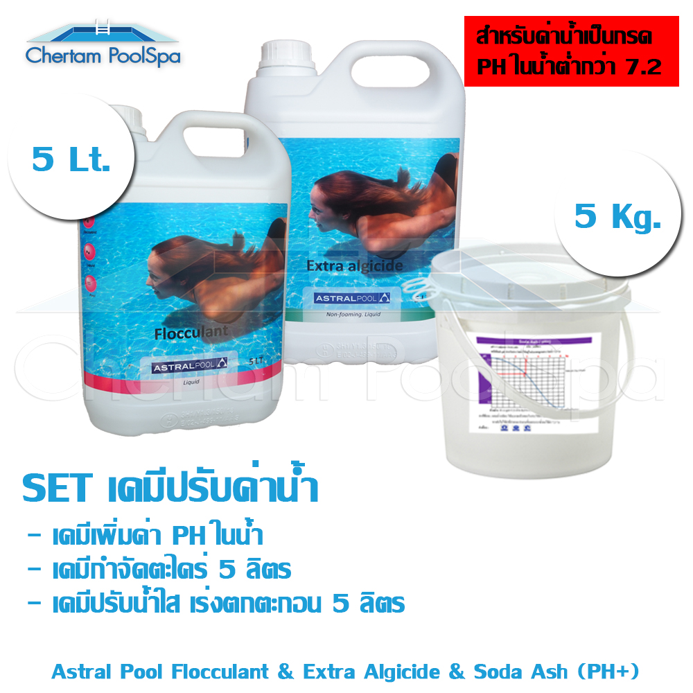 Set เคมีดูแลสระสุดคุ้ม PH+ 5Kg / Extra Algicide 5lt / Flocculant 5lt