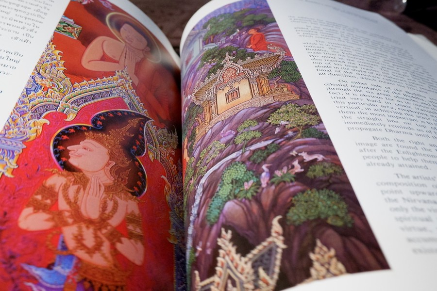 ภาพจิตรกรรมฝาผนัง วัดพุทธปทีป โดย อ.เฉลิมชัย โฆษิตพิพัฒน์ เเละ อ.ปัญญา วิจินธนสาร พิมพ์ปี 2529