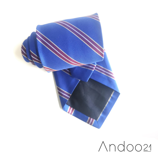 NT326_เนคไทผ้าทอสัน้ำเงินลายขวางสีแดงหม่น หน้ากว้าง 3 นิ้ว