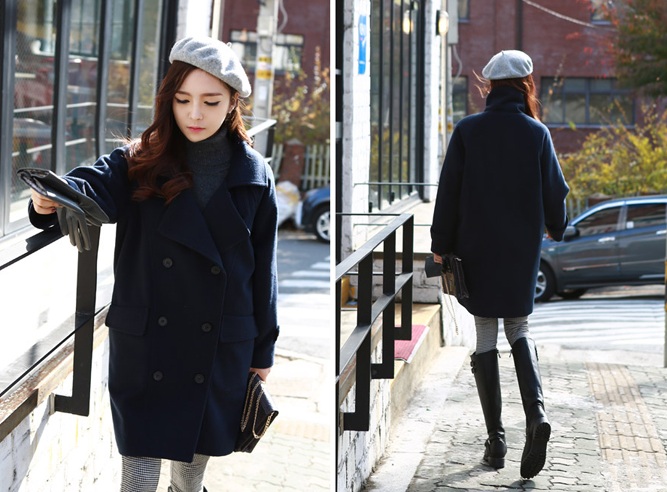 พรีออเดอร์ - เสื้อโค้ทผ้าวูลกันหนาว Pre - CT615 (สีกรม)