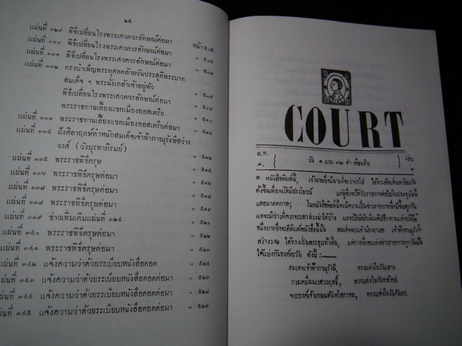 หนังสือ COURT ข่าวราชการ เจ้านาย 11 พระองค์ทรงช่วยกันแต่ง จัดพิมพ์เนื่องในงานพระราชทานเพลิงศพ สมเด็จพระศรีนครินทราบรมราชชนนี ปกแข็ง 2 เล่มจบ หนารวม 3 นิ้ว ปี 2539