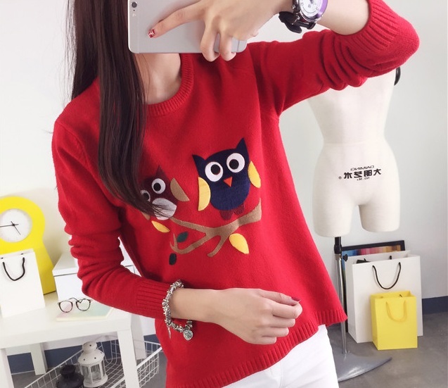 พรีออเดอร์ - เสื้อไหมพรมลายนกฮูกแขนยาว Pre - ST650 (สีแดง)