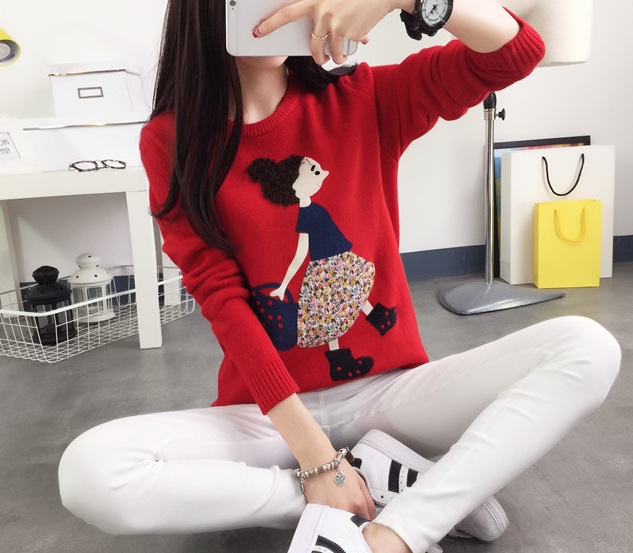 พรีออเดอร์ - เสื้อไหมพรมแฟชั่นลายการ์ตูนเด็กผู้หญิง Pre- ST658 (สีแดง)