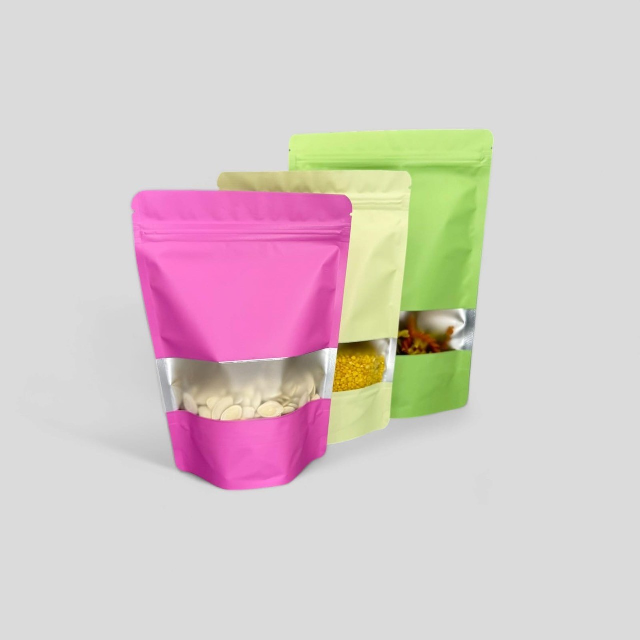 ถุงฟอยล์หน้าต่างสี่เหลี่ยมใส ซิปตั้งได้ สีชมพู/เขียวอ่อน/เบจ