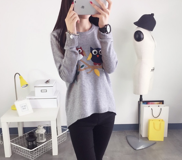 พรีออเดอร์ - เสื้อไหมพรมลายนกฮูกแขนยาว Pre - ST653 (สีเทา)