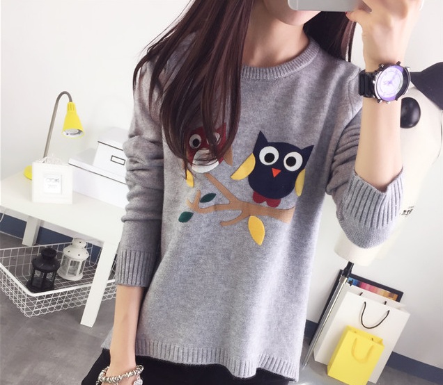 พรีออเดอร์ - เสื้อไหมพรมลายนกฮูกแขนยาว Pre - ST653 (สีเทา)