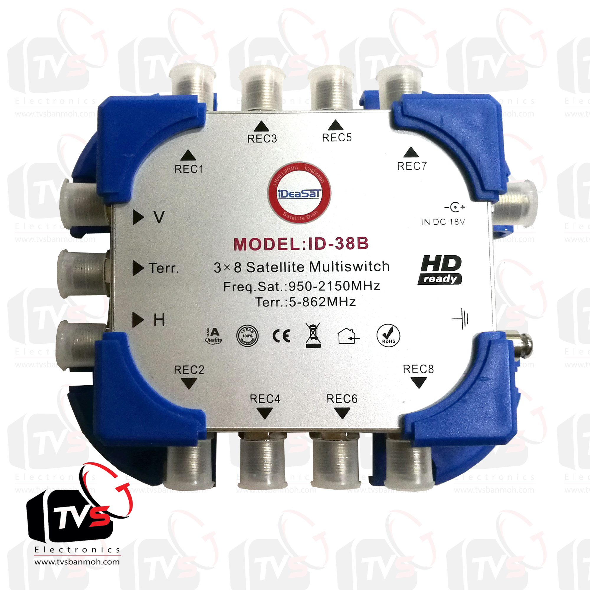 iDeaSat ID-38B Multi-Switch เข้า 3 (V, H, Terr.) ออก 8 สำหรับสัญญาณดาวเทียม Gain15dB พร้อมอะแดปเตอร์18V1A แถม F-Type 11 ชิ้น