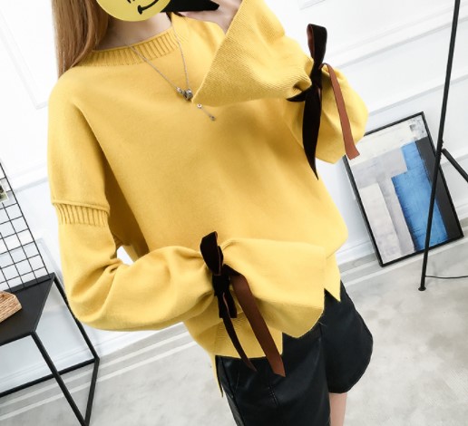 พร้อมส่ง - เสื้อไหมพรมแขนยาว ST190 (สีเหลือง)