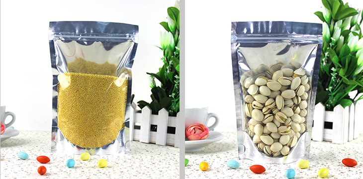 ถุงซิปล็อคหน้าใสหลังฟอยล์ตั้งได้ (ความหนา 160-180 ไมครอน) (เมทัลไลท์)