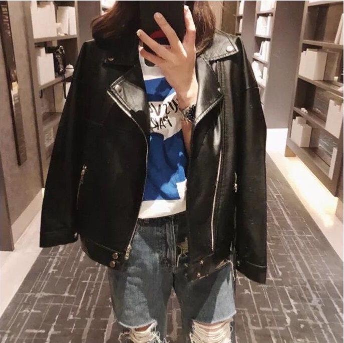 พร้อมส่ง - เสื้อแจ็คเก็ตหนัง PU ทรงสวย ด้านในบุขนพิเศษ CT235 (สีดำ)