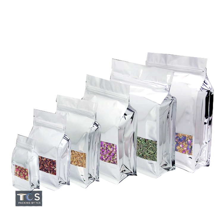 ถุงฟอยล์ซิปล็อคตั้งได้ พับข้าง ฐานเรียบ เปิดช่องหน้าต่าง (เมทัลไลท์)