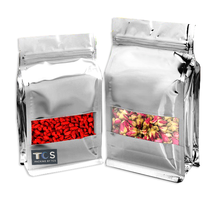 ถุงฟอยล์ซิปล็อคตั้งได้ พับข้าง ฐานเรียบ เปิดช่องหน้าต่าง (เมทัลไลท์)