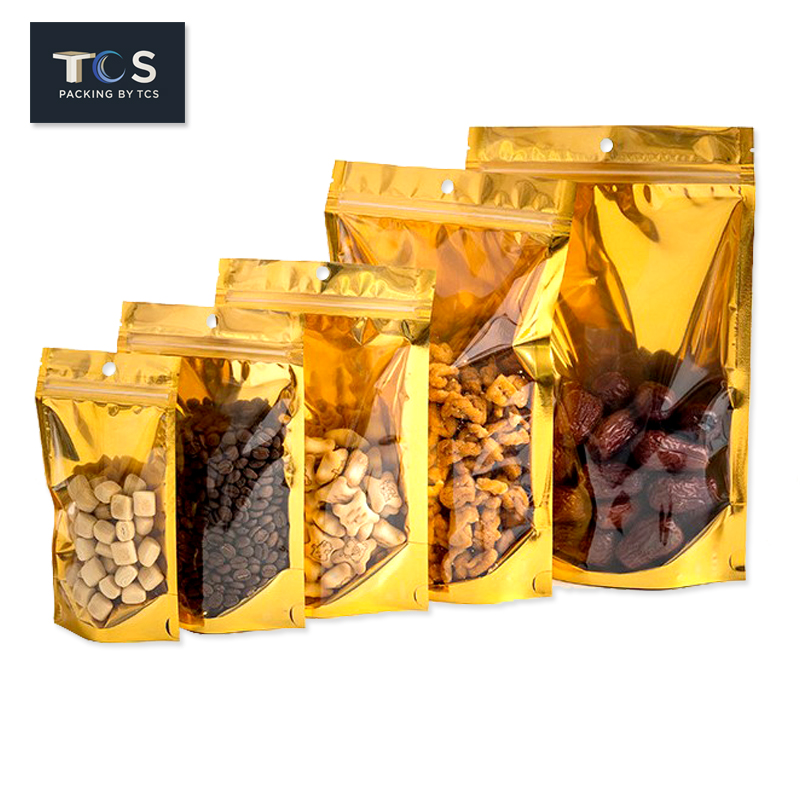 ถุงฟอยล์ซิปล็อคตั้งได้ หน้าใสหลังฟอยล์สีทอง (เมทัลไลท์)