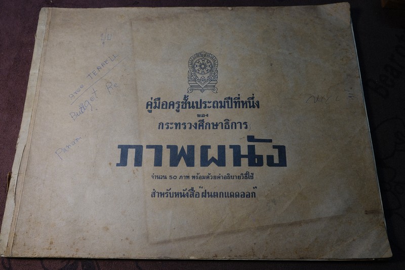 คู่มือครูชั้นประถมปีทีหนึ่ง ของ กระทรวงศึกษาธิการ ภาพผนัง สำหรับหนังสือ "ฝนตกแดดออก” ปี 2498