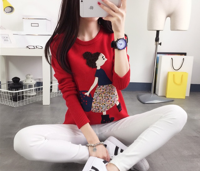 พรีออเดอร์ - เสื้อไหมพรมแฟชั่นลายการ์ตูนเด็กผู้หญิง Pre- ST658 (สีแดง)