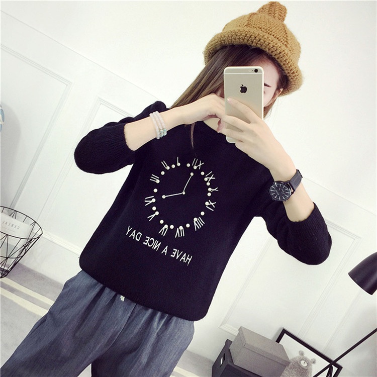 พรีออเดอร์ - เสื้อไหมพรมแฟชั่นลายนาฬิกา Pre- ST727 (สีดำ)