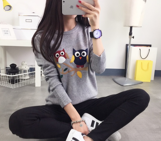 พรีออเดอร์ - เสื้อไหมพรมลายนกฮูกแขนยาว Pre - ST653 (สีเทา)