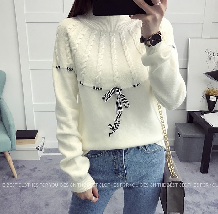 พรีออเดอร์ - เสื้อไหมพรมแขนยาวมีโบว์ผูกน่ารักๆ Pre- ST747 (สีขาว)