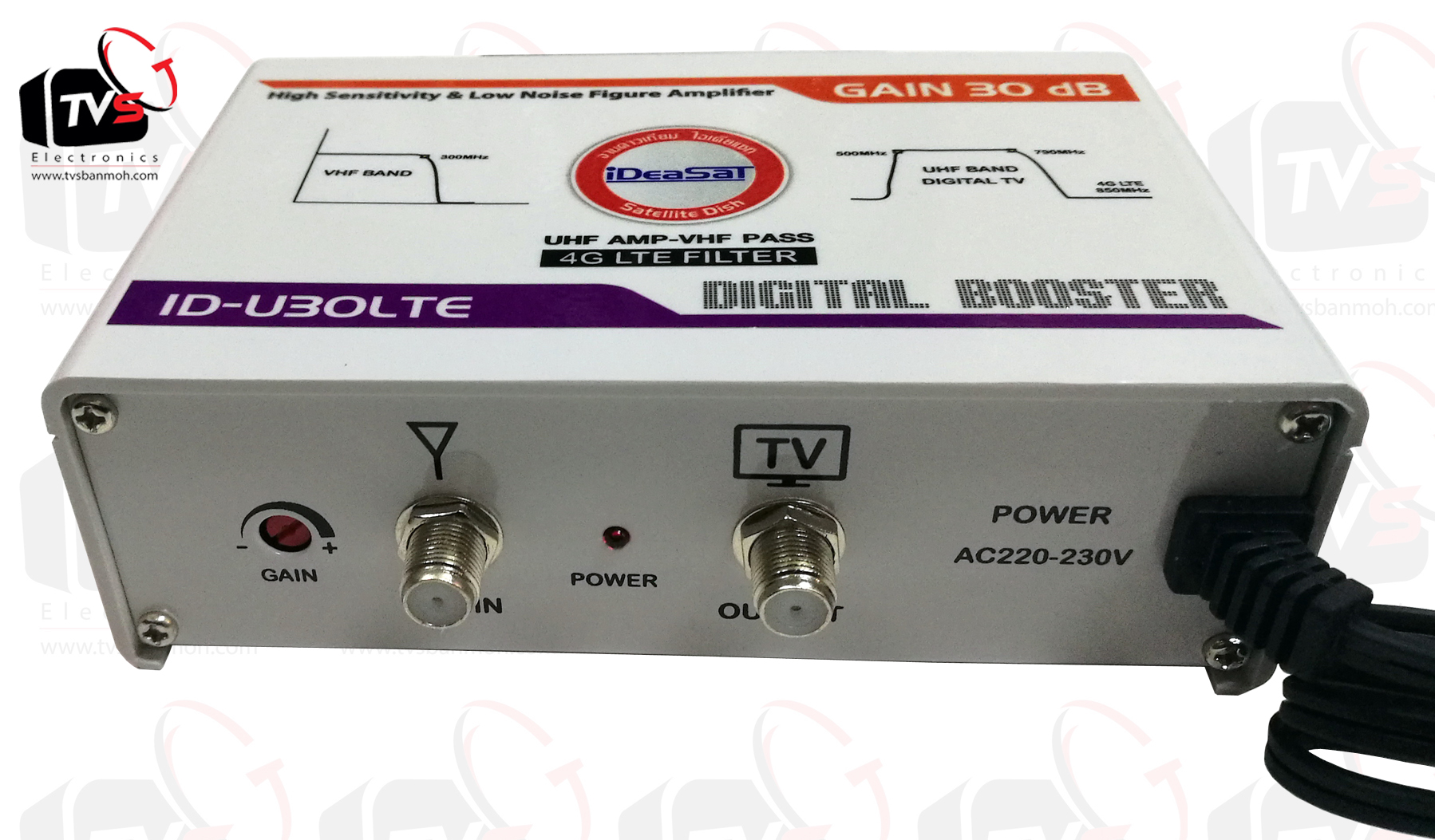 เสาอากาศดิจิตัลทีวี ไทยแซท 14E แถม สาย RG6 10เมตร พร้อมแจ็คหัวและท้าย และ ตัวขยายสัญญาณ IdeaSat 30dB รองรับงานระบบ