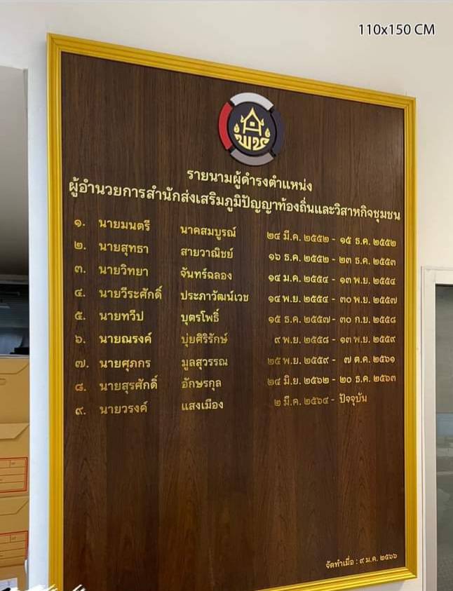 ป้ายทำเนียบหน่าไม้สัก ขนาด 110x150cm ติดตัวอักษรสติ๊กเกอร์ไดคัทสีทอง พร้อมโลโก้