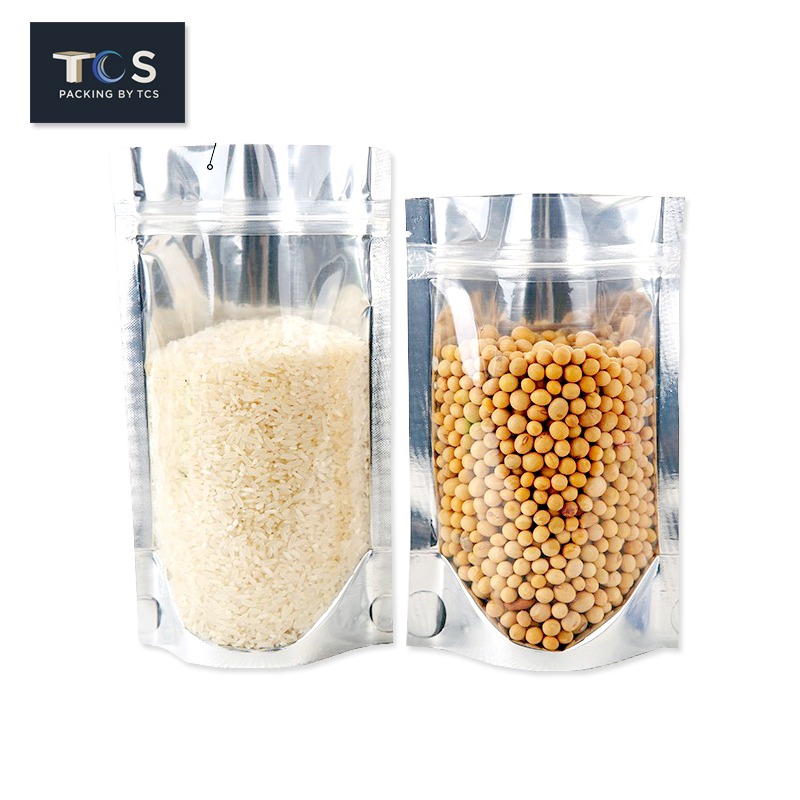 ถุงซิปล็อคหน้าใสหลังฟอยล์ตั้งได้ (ความหนา 200-220 ไมครอน) (เมทัลไลท์)