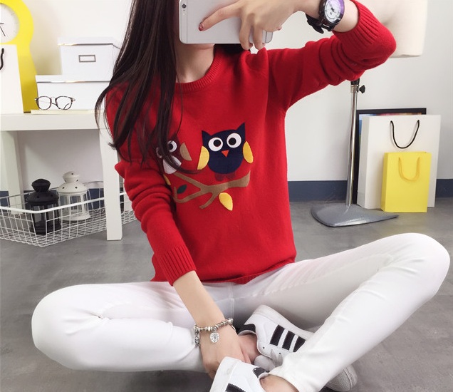 พรีออเดอร์ - เสื้อไหมพรมลายนกฮูกแขนยาว Pre - ST650 (สีแดง)