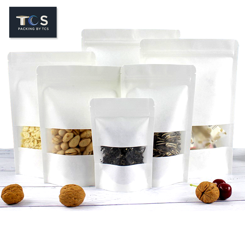 ถุงคราฟท์สีขาวซิปล็อคตั้งได้ หน้าต่างสี่เหลี่ยมขุ่น (เคลือบกันน้ำ)