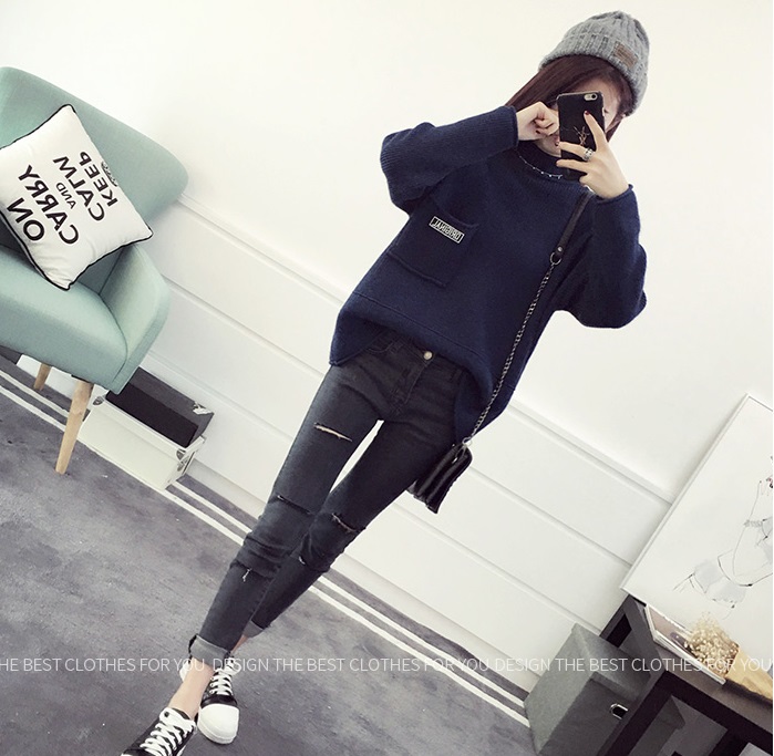 พรีออเดอร์ - เสื้อไหมพรมแขนยาวทรงหลวม Pre- ST755 (สีน้ำเงิน)