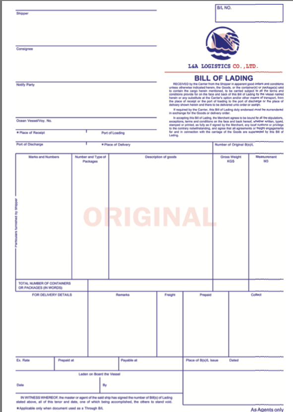 แบบฟอร์ม Bill Of Lading