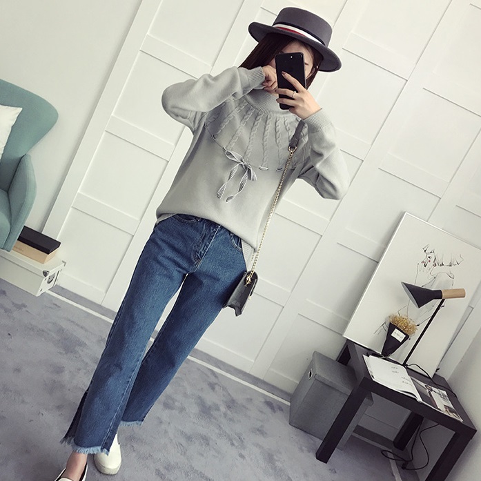 พรีออเดอร์ - เสื้อไหมพรมแขนยาวมีโบว์ผูกน่ารักๆ Pre- ST746 (สีเทา)