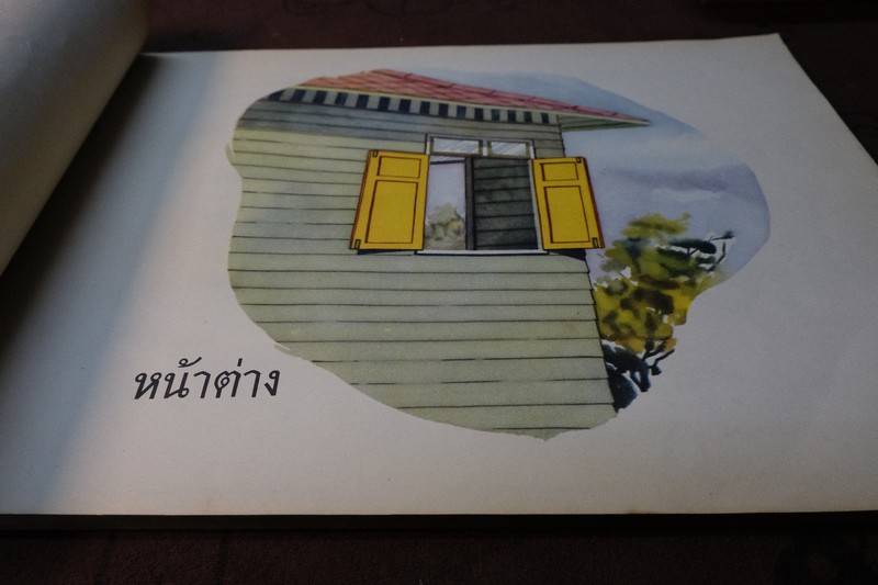 คู่มือครูชั้นประถมปีทีหนึ่ง ของ กระทรวงศึกษาธิการ ภาพผนัง สำหรับหนังสือ "ฝนตกแดดออก” ปี 2498