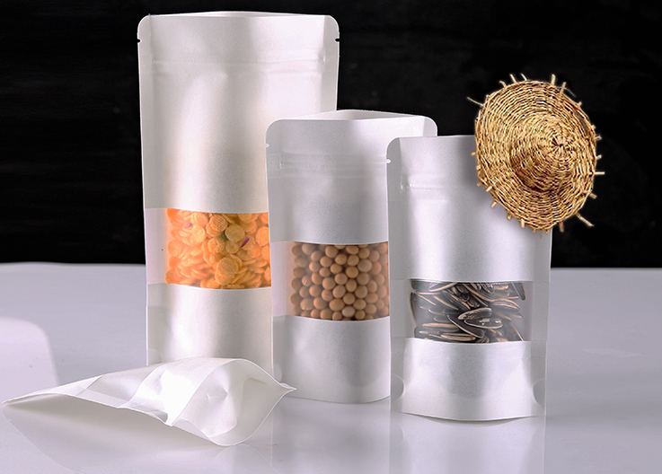 ถุงคราฟท์สีขาวซิปล็อคตั้งได้ หน้าต่างสี่เหลี่ยมขุ่น (เคลือบกันน้ำ)