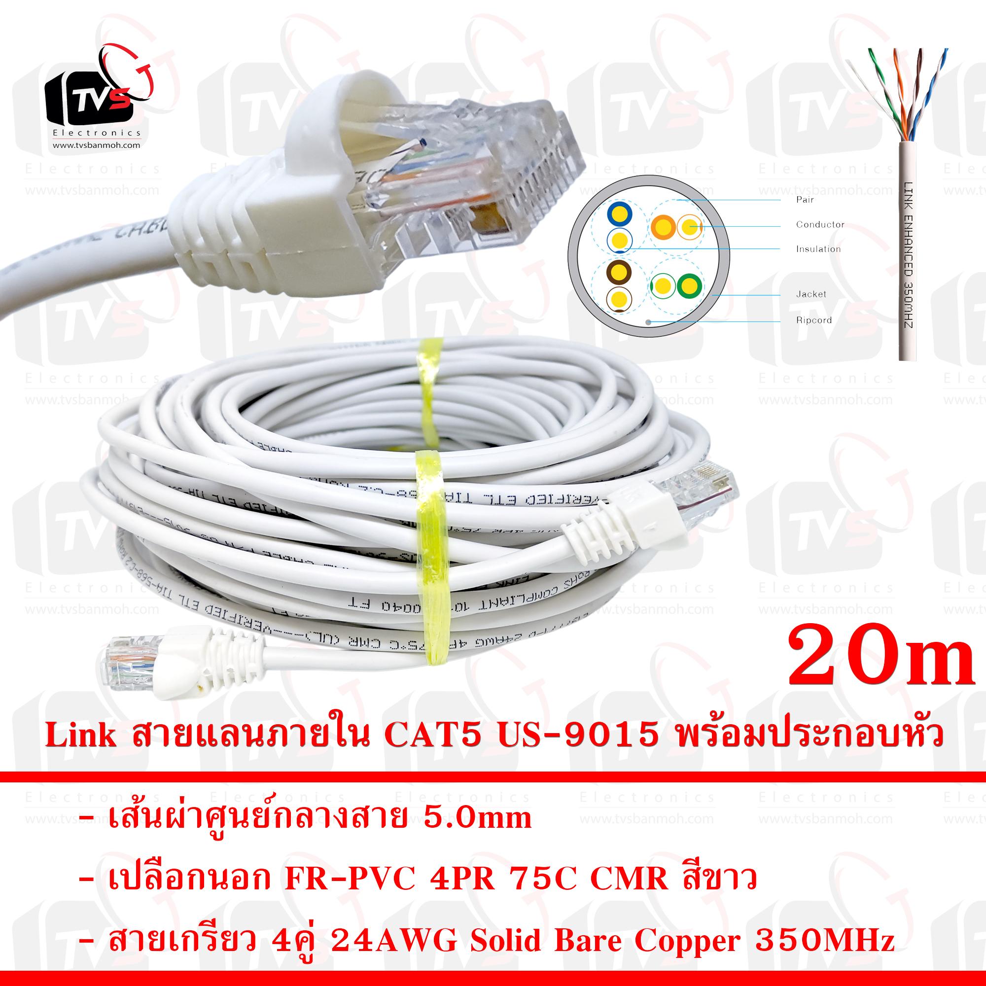 Link สายแลน ภายใน CAT5E US-9015 สายเกรียว 4คู่ 24AWG เปลือกนอก FR-PVC 75C สีขาว 20m พร้อมประกอบหัว พร้อมประกอบหัว