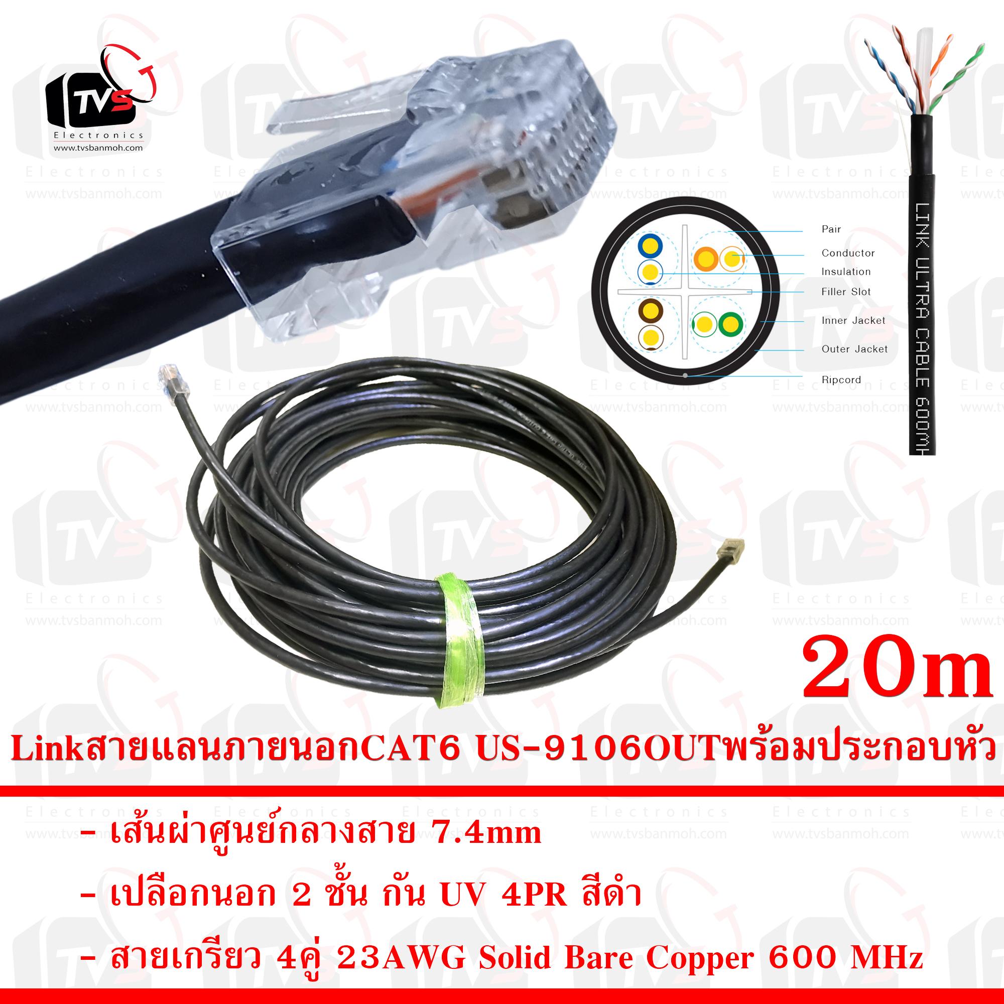 Link สายแลน ภายนอก CAT6 US-9106OUT สายเกรียว 4คู่ 23AWG มีแกนกันสายยุบ เปลือกนอก 2 ชั้น กัน UV 75C สีดำ 20m พร้อมประกอบหัว