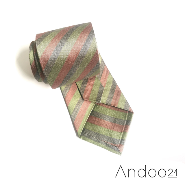 NT371_เนคไทผ้าไหมเทียม ลายขวางสีเขียว-แดง-เทา หน้ากว้าง 3 นิ้ว