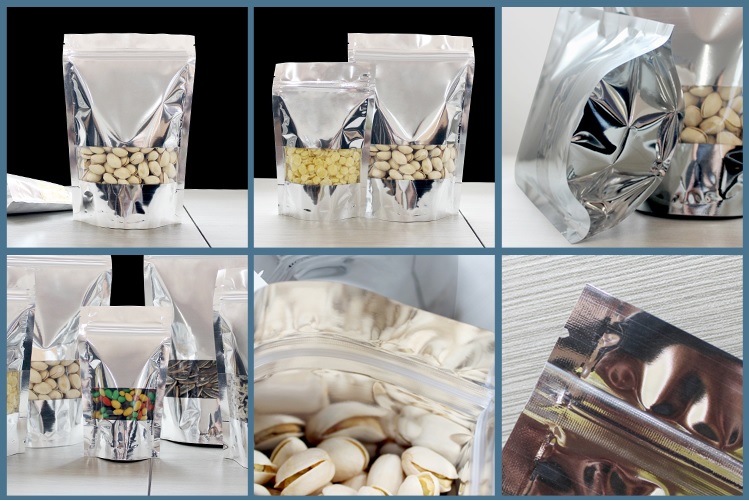 ถุงฟอยล์ซิปล็อคตั้งได้ - ฟอยล์เงินหน้าต่างสี่เหลี่ยมใส