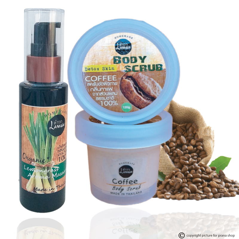 [ลดเซลลูไลท์] เซตสครับกาแฟ และออยล์บำรุงผิวตะไคร้ Anti-cellulite Coffee Scrub & Lemongrass Oil ผิวกระชับ ผิวเปลือกส้ม (2 ชิ้น)