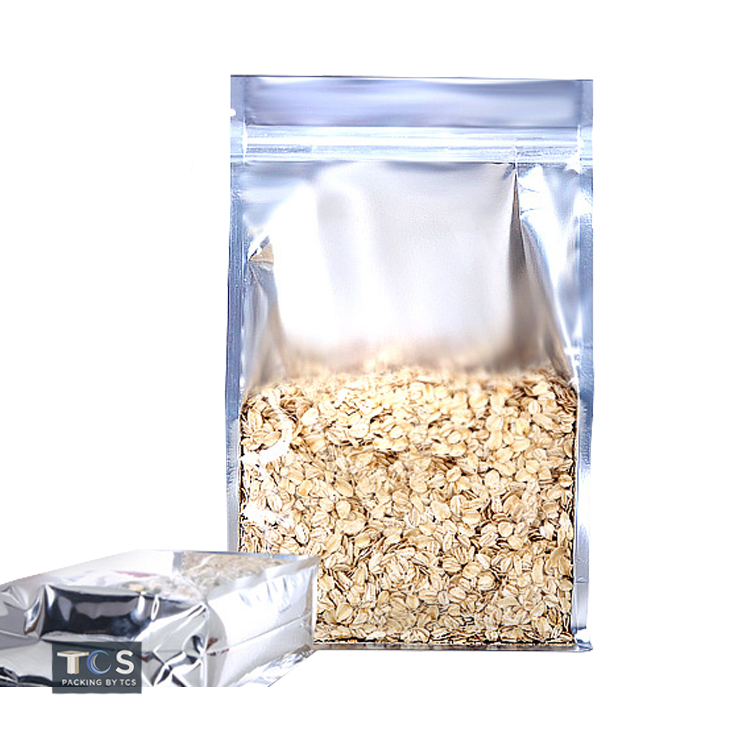 ถุงฟอยล์ซิปล็อคตั้งได้ หน้าใส หลังฟอยล์ พับข้าง ฐานเรียบ (เมทัลไลท์)