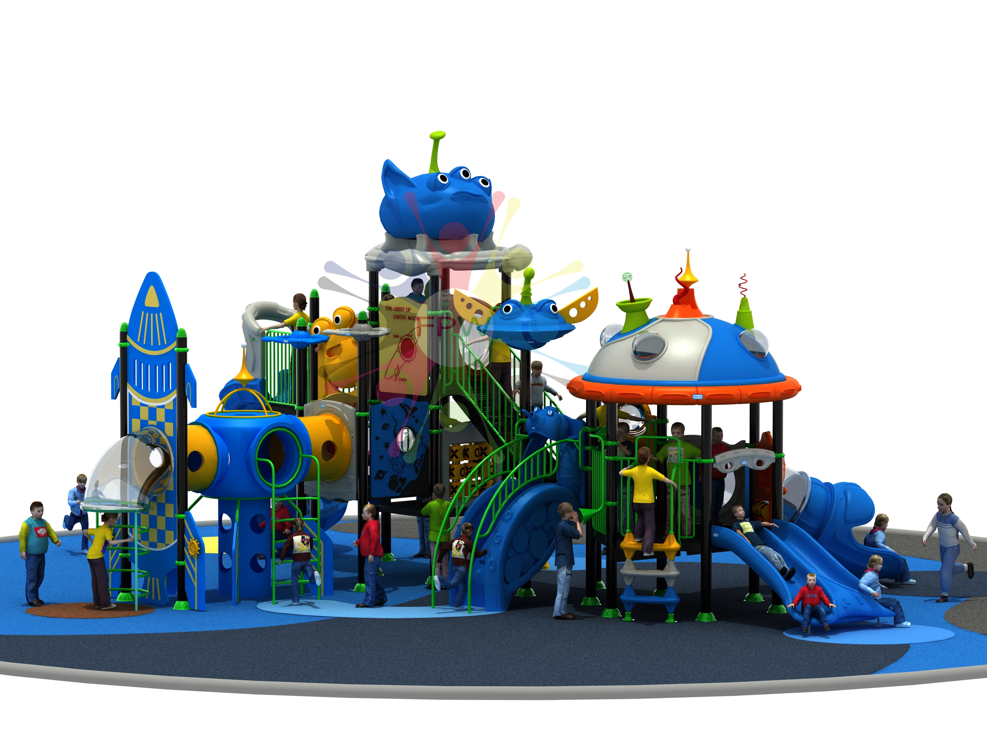 เครื่องเล่นสนามพลาสติกกลางแจ้ง ขนาด 1050x370x520 cm โครงสร้างเสาและชิ้นส่วนเหล็กทุกชิ้นผ่านกระบวนการเคลือบสารป้องกันสนิม ( Galvanized ) ปลอดสารพิษและปลอดภัยต่อเด็กตามมาตรฐาน ASTM ประเทศเกาหลี น๊อตและสกรูเป็นระบบกันคลายและปลายตัดมนป้องกันการขีดข่วนเด็กๆพื้