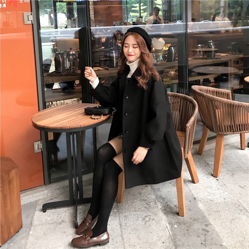 พร้อมส่ง - เสื้อโค้ทผ้าวูลทรงหลวมสไตล์เกาหลี CT231 (สีดำ)