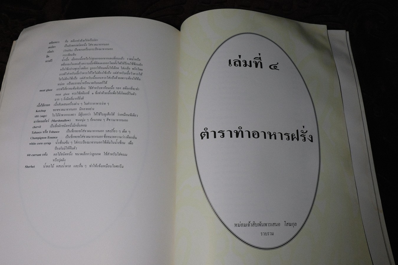 ตำราทำขนม ทำอาหาร เครื่องว่างเเละของเเกล้ม รวม 4 เล่ม โดย มจ.สิบพันพารเสนอ โสณกุล (อนุสรณ์ ม.จ.ลุอิสาณ์ ดิศกุล) ปี 2538