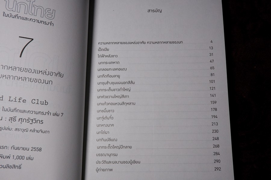 นกไทย ในบันทึกเเละความทรงจำ โดย สุธี ศุภรัฐวิกร พิมพ์ 1000 เล่ม ปี 2558
