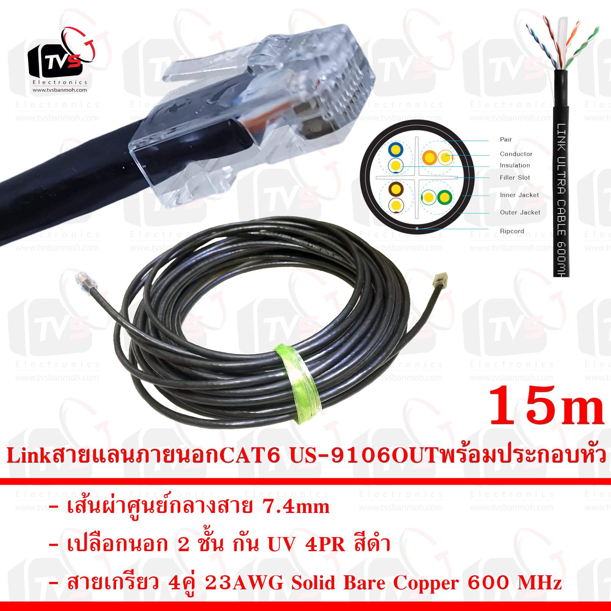 Link สายแลน ภายนอก CAT6 US-9106OUT สายเกรียว 4คู่ 23AWG มีแกนกันสายยุบ เปลือกนอก 2 ชั้น กัน UV 75C สีดำ 15m พร้อมประกอบหัว