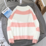 พร้อมส่ง - เสื้อไหมพรมลายขวางคอกลม ST219 (สีชมพู)