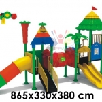 เครื่องเล่นสนามพลาสติกกลางแจ้ง ขนาด 865x330x380 cm โครงสร้างเสาและชิ้นส่วนเหล็กทุกชิ้นผ่านกระบวนการเคลือบสารป้องกันสนิม ( Galvanized ) ปลอดสารพิษและปลอดภัยต่อเด็กตามมาตรฐาน ASTM ประเทศเกาหลี น๊อตและสกรูเป็นระบบกันคลายและปลายตัดมนป้องกันการขีดข่วนเด็กๆพื้น